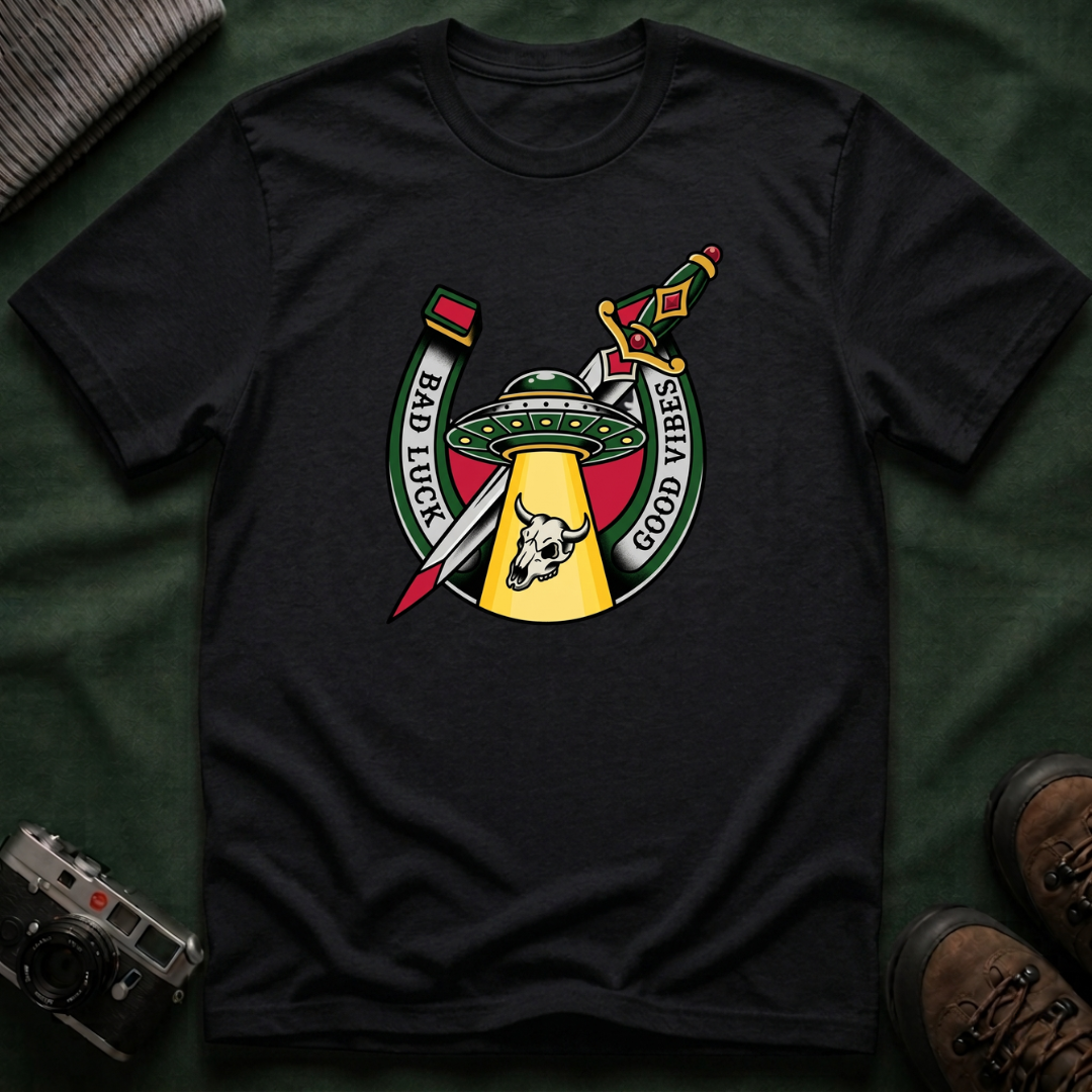 Bad Luck Good Vibes UFO T-Shirt — Sword & Horseshoe Retro American Traditional Tattoo Tee