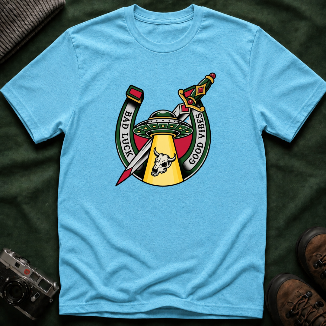 Bad Luck Good Vibes UFO T-Shirt — Sword & Horseshoe Retro American Traditional Tattoo Tee