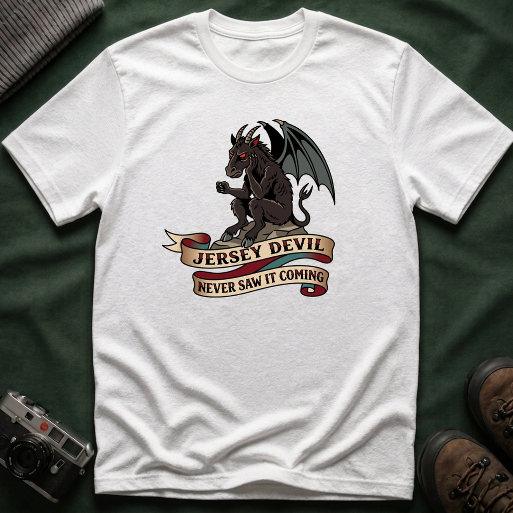 Jersey Devil Graphic T-Shirt — 'Never Saw It Coming' Mythical Creature Tee