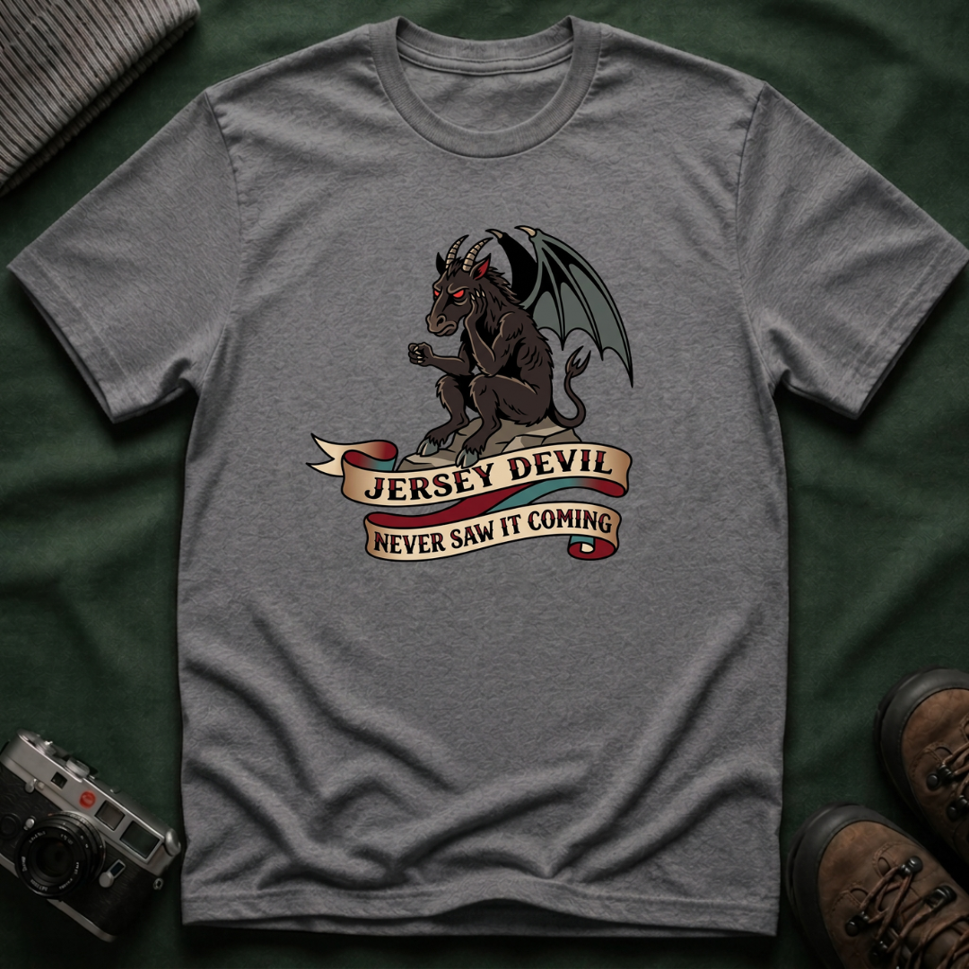 Jersey Devil Graphic T-Shirt — 'Never Saw It Coming' Mythical Creature Tee