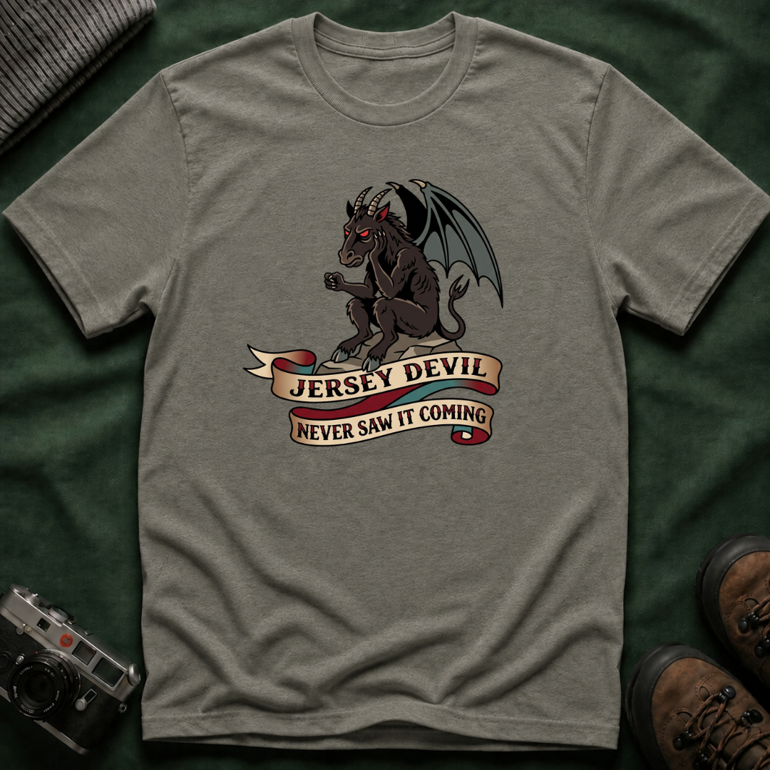 Jersey Devil Graphic T-Shirt — 'Never Saw It Coming' Mythical Creature Tee