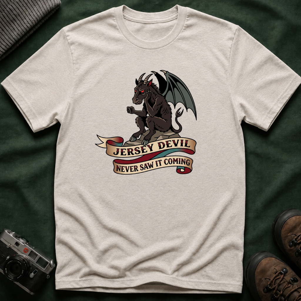 Jersey Devil Graphic T-Shirt — 'Never Saw It Coming' Mythical Creature Tee