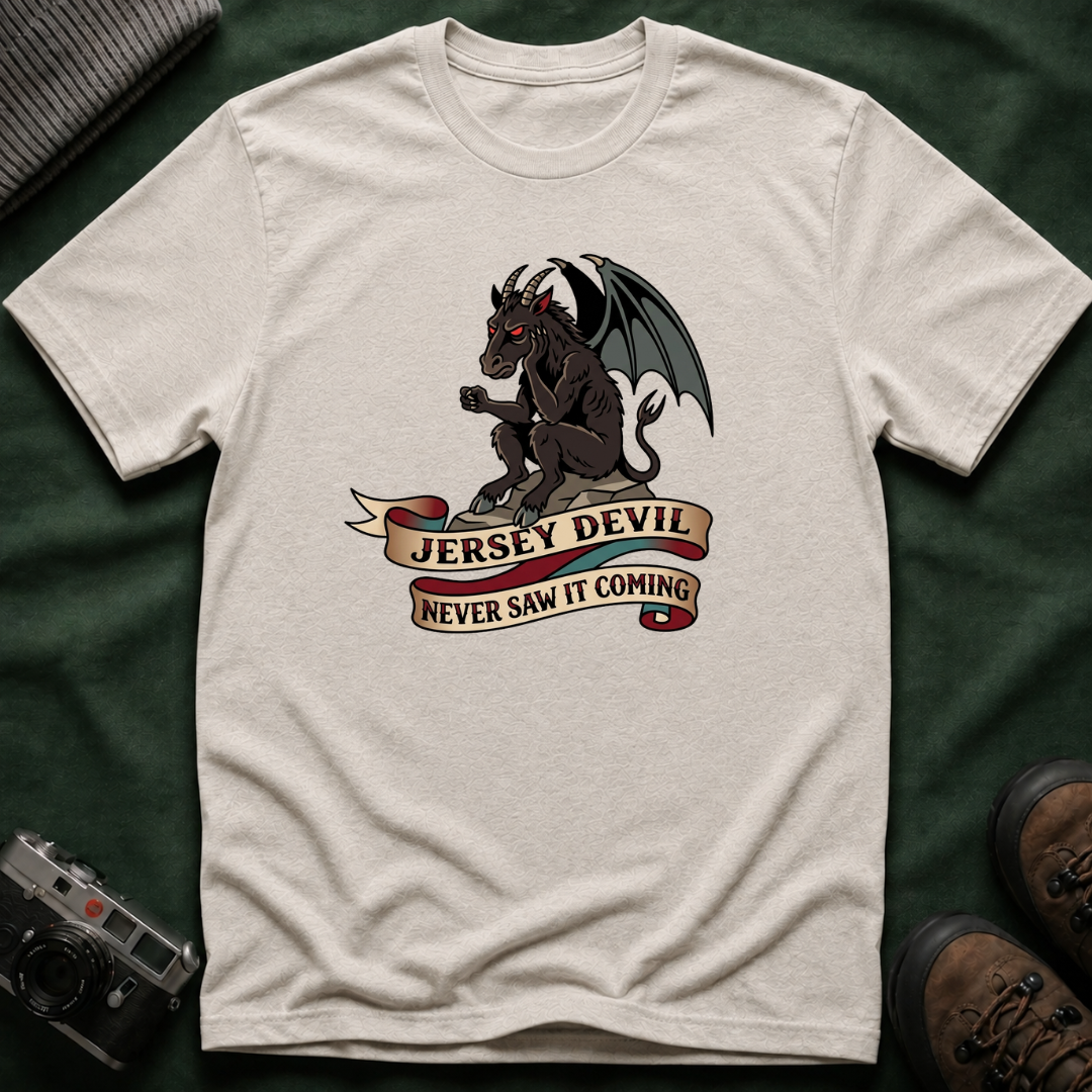Jersey Devil Graphic T-Shirt — 'Never Saw It Coming' Mythical Creature Tee