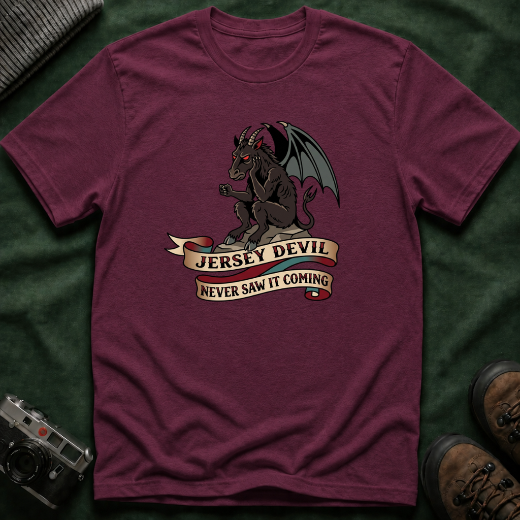 Jersey Devil Graphic T-Shirt — 'Never Saw It Coming' Mythical Creature Tee