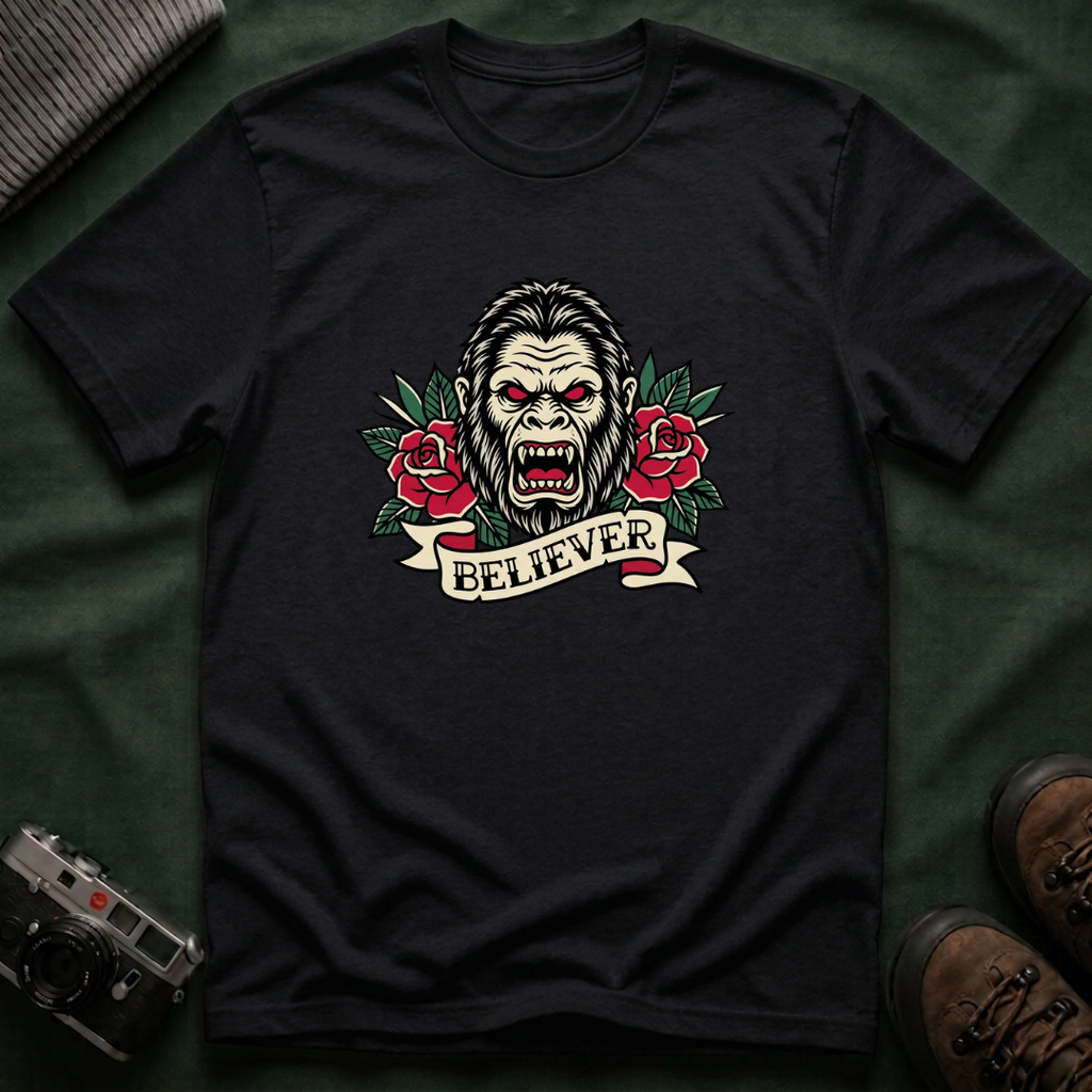 Bigfoot Believer T-Shirt — Retro American Traditional Tattoo Sasquatch Graphic Tee with Roses