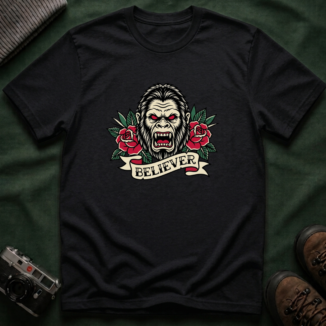 Bigfoot Believer T-Shirt — Retro American Traditional Tattoo Sasquatch Graphic Tee with Roses