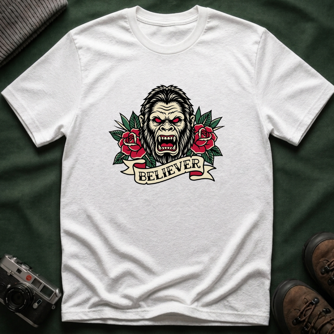 Bigfoot Believer T-Shirt — Retro American Traditional Tattoo Sasquatch Graphic Tee with Roses