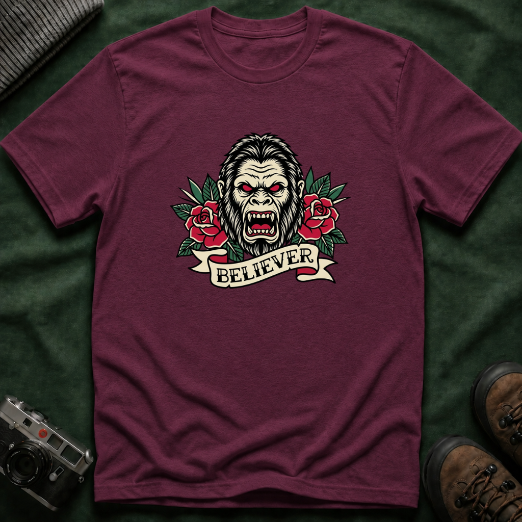 Bigfoot Believer T-Shirt — Retro American Traditional Tattoo Sasquatch Graphic Tee with Roses
