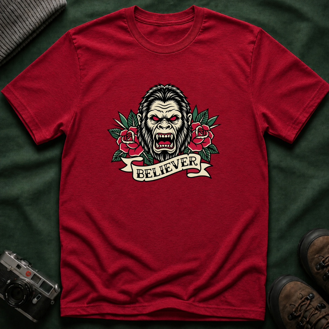Bigfoot Believer T-Shirt — Retro American Traditional Tattoo Sasquatch Graphic Tee with Roses