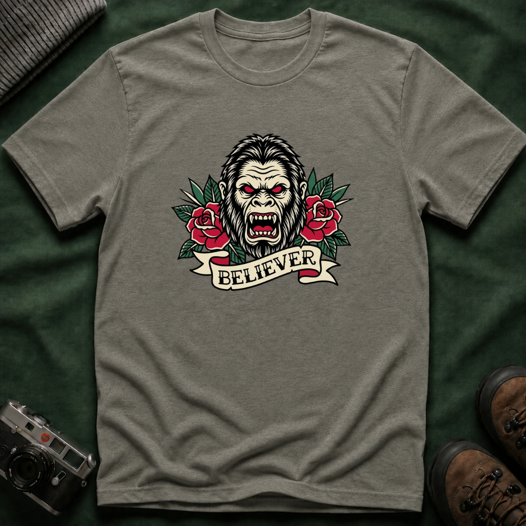 Bigfoot Believer T-Shirt — Retro American Traditional Tattoo Sasquatch Graphic Tee with Roses