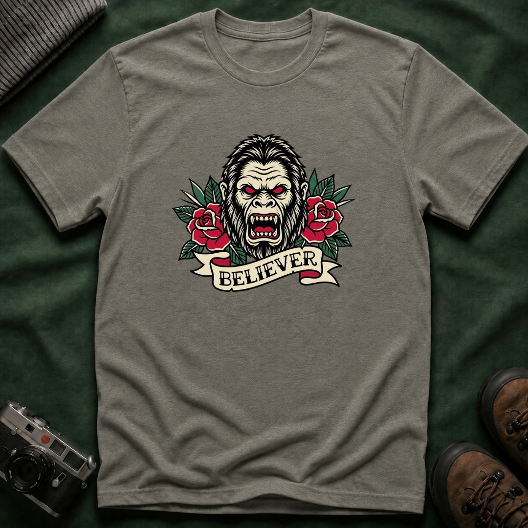 Bigfoot Believer T-Shirt — Retro American Traditional Tattoo Sasquatch Graphic Tee with Roses