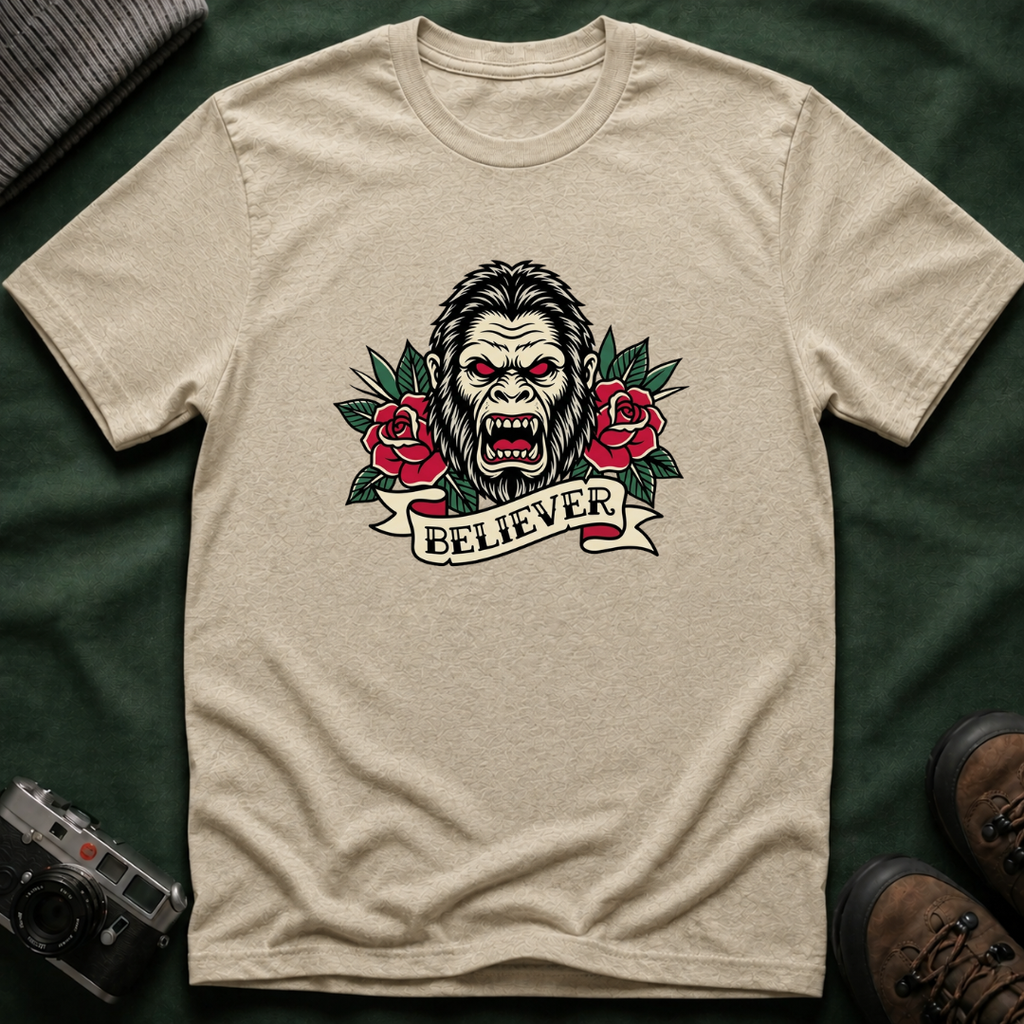 Bigfoot Believer T-Shirt — Retro American Traditional Tattoo Sasquatch Graphic Tee with Roses