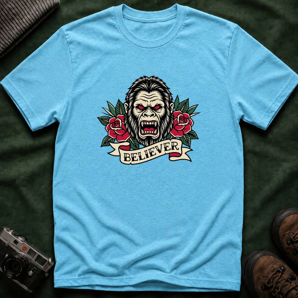 Bigfoot Believer T-Shirt — Retro American Traditional Tattoo Sasquatch Graphic Tee with Roses