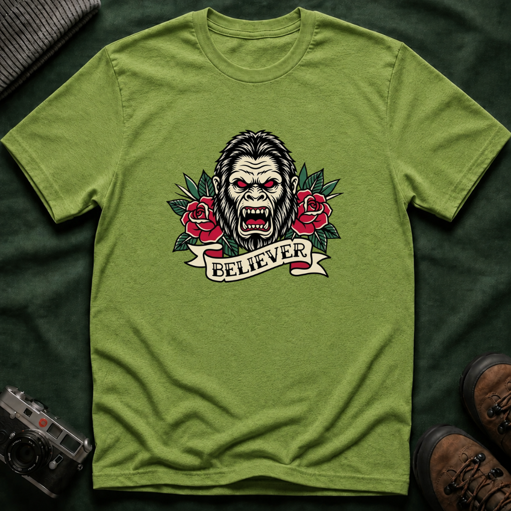 Bigfoot Believer T-Shirt — Retro American Traditional Tattoo Sasquatch Graphic Tee with Roses