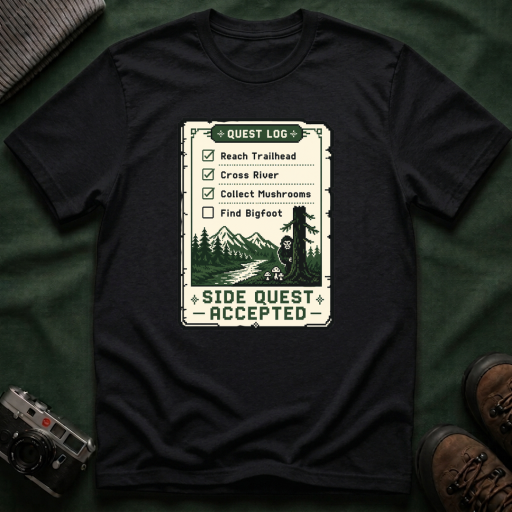 Bigfoot Retro Gaming T-Shirt — 'Quest Log: Side Quest Accepted' Hiking Adventure Graphic Tee