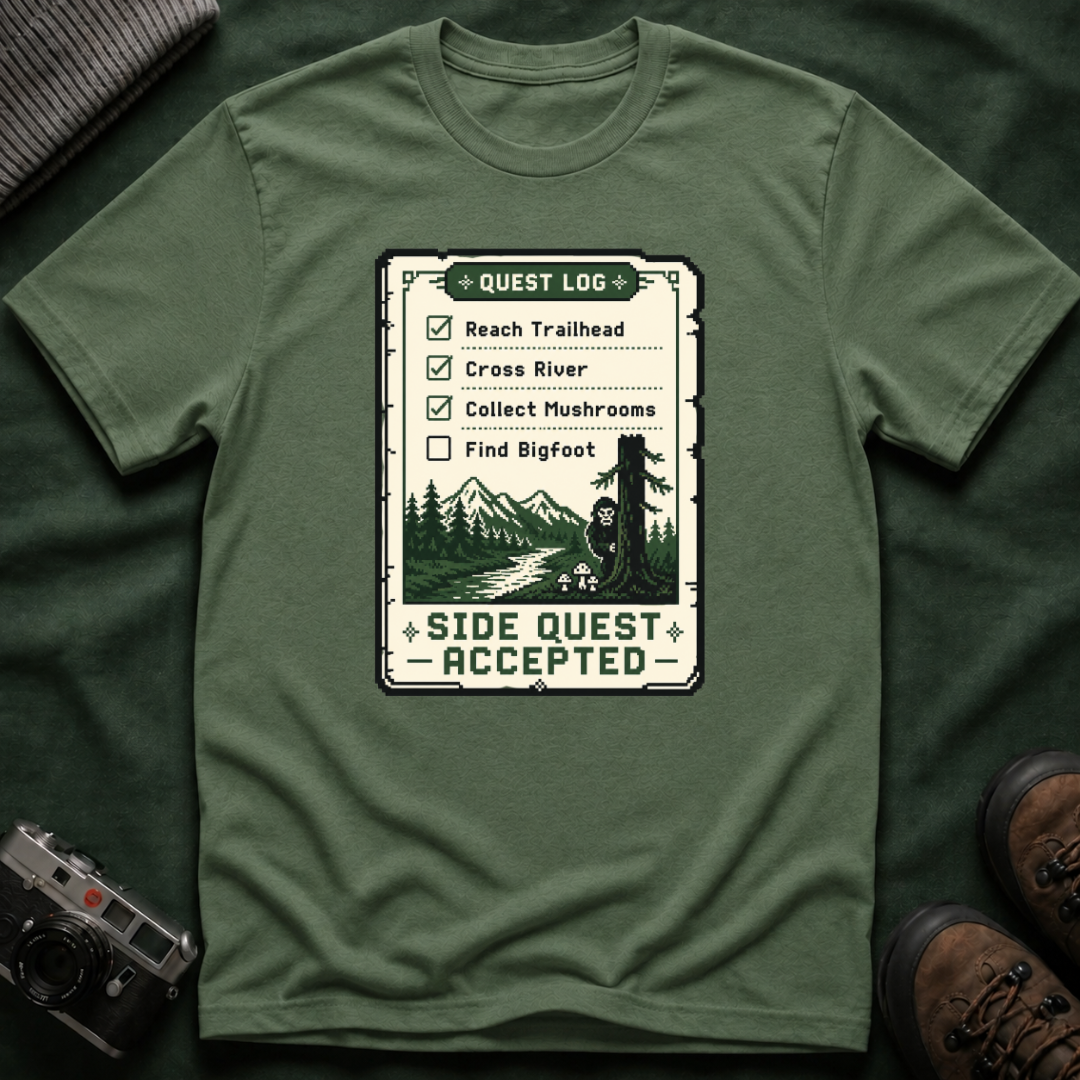 Bigfoot Retro Gaming T-Shirt — 'Quest Log: Side Quest Accepted' Hiking Adventure Graphic Tee