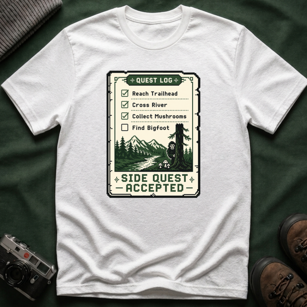 Bigfoot Retro Gaming T-Shirt — 'Quest Log: Side Quest Accepted' Hiking Adventure Graphic Tee