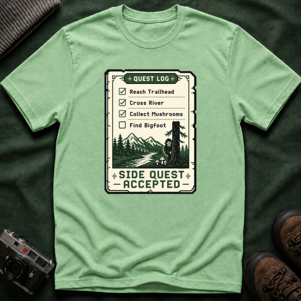 Bigfoot Retro Gaming T-Shirt — 'Quest Log: Side Quest Accepted' Hiking Adventure Graphic Tee