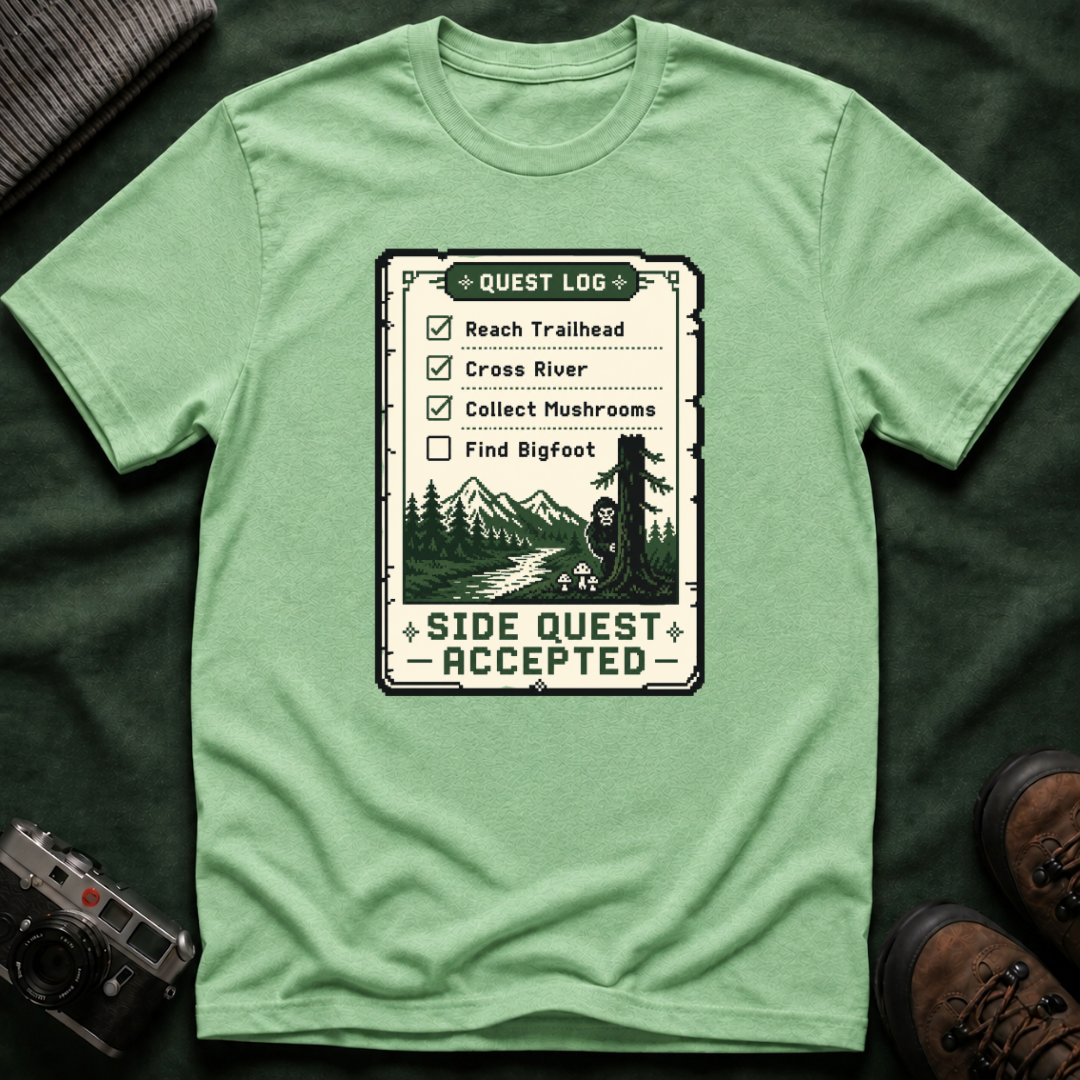 Bigfoot Retro Gaming T-Shirt — 'Quest Log: Side Quest Accepted' Hiking Adventure Graphic Tee