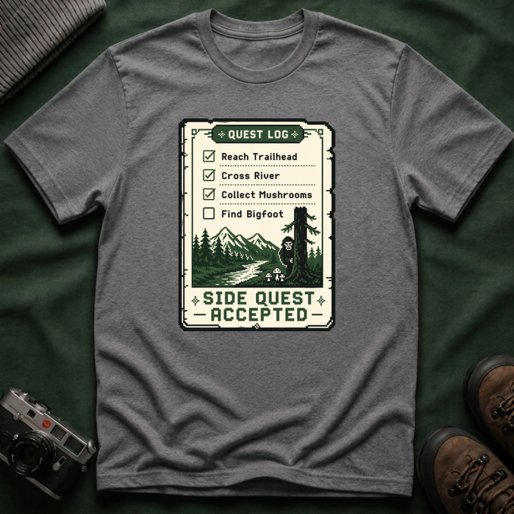 Bigfoot Retro Gaming T-Shirt — 'Quest Log: Side Quest Accepted' Hiking Adventure Graphic Tee