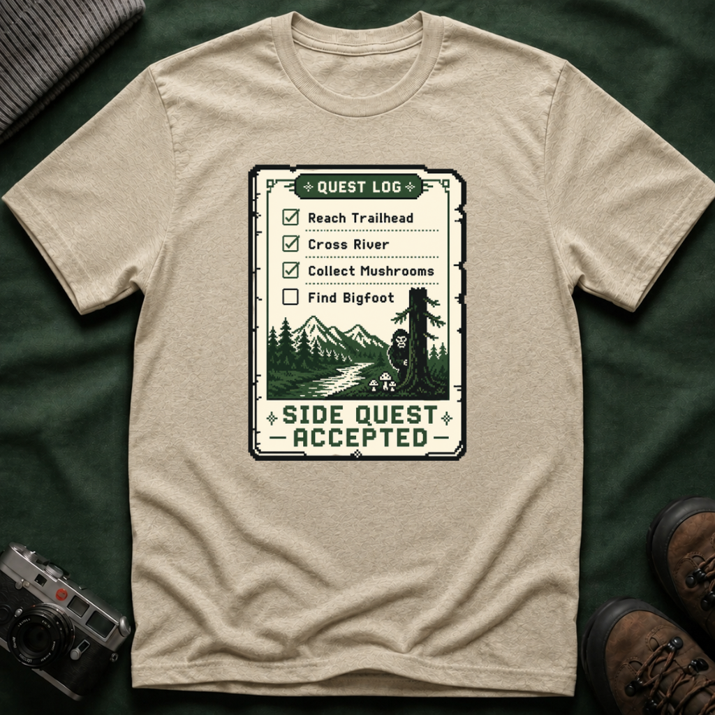 Bigfoot Retro Gaming T-Shirt — 'Quest Log: Side Quest Accepted' Hiking Adventure Graphic Tee