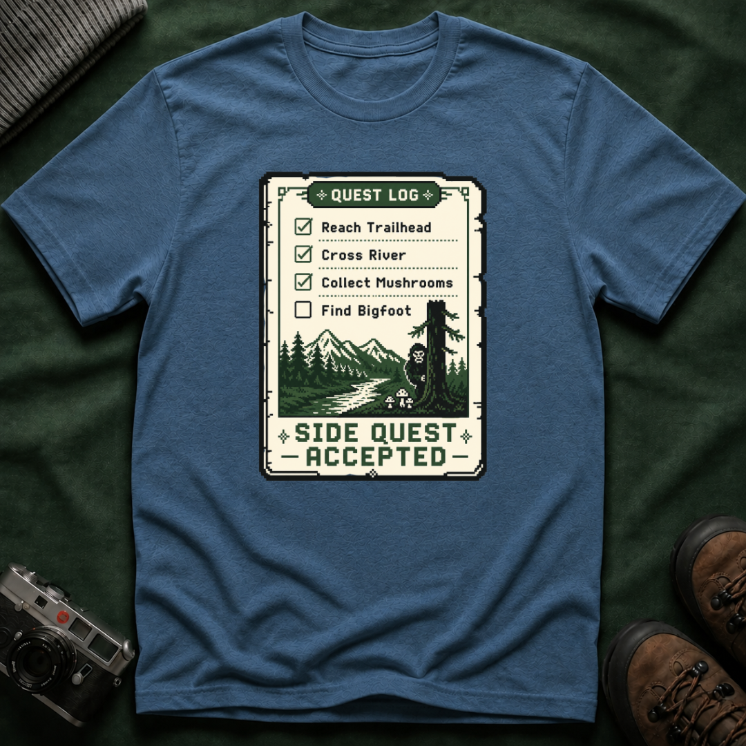 Bigfoot Retro Gaming T-Shirt — 'Quest Log: Side Quest Accepted' Hiking Adventure Graphic Tee