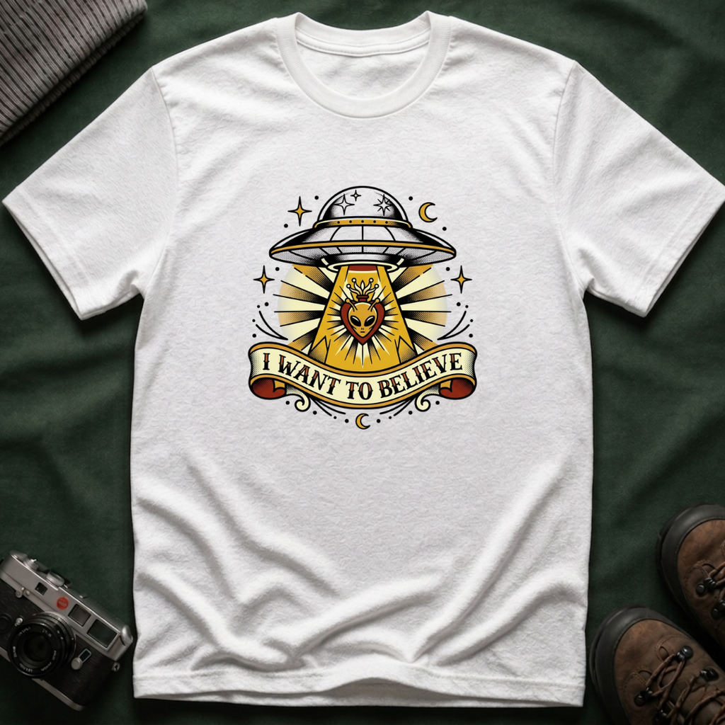 Alien Abduction T-Shirt — "I Want to Believe" Vintage UFO Tee American Traditional Tattoo