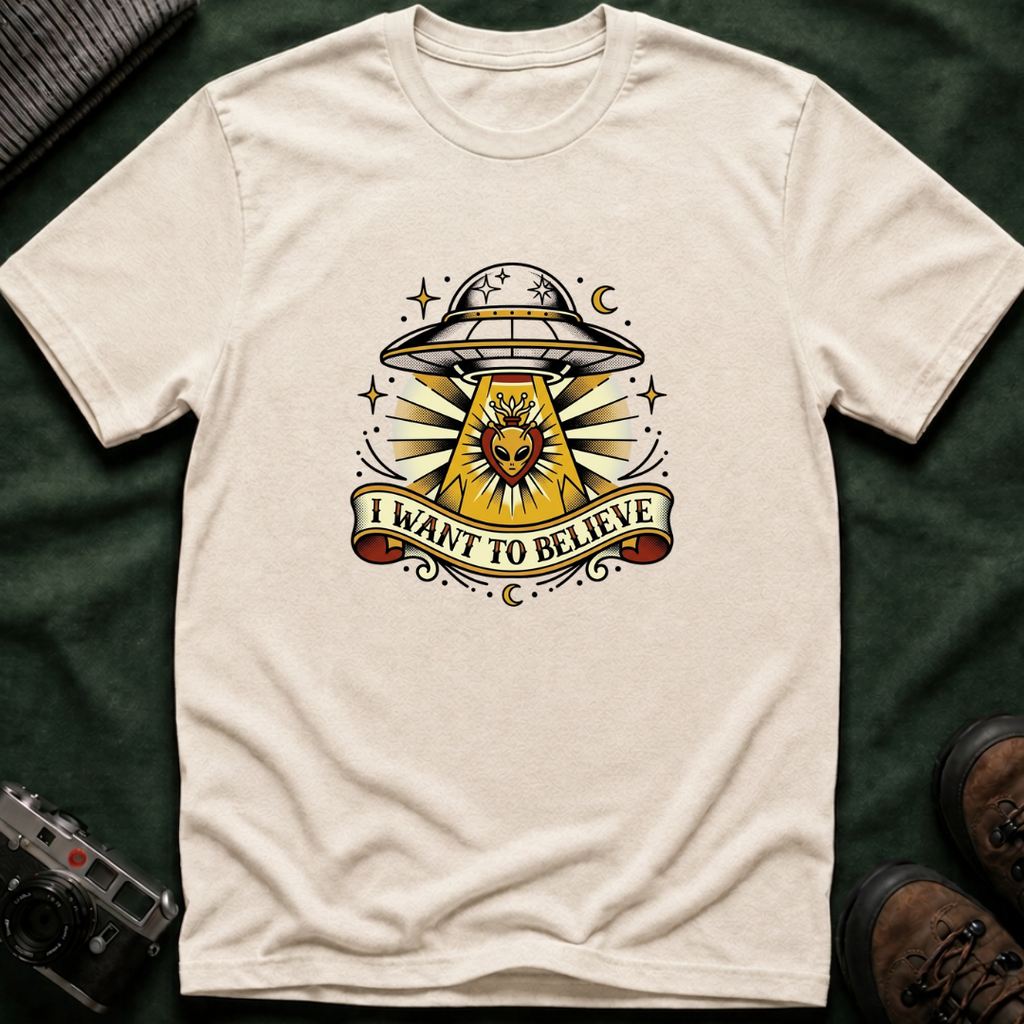 Alien Abduction T-Shirt — "I Want to Believe" Vintage UFO Tee American Traditional Tattoo