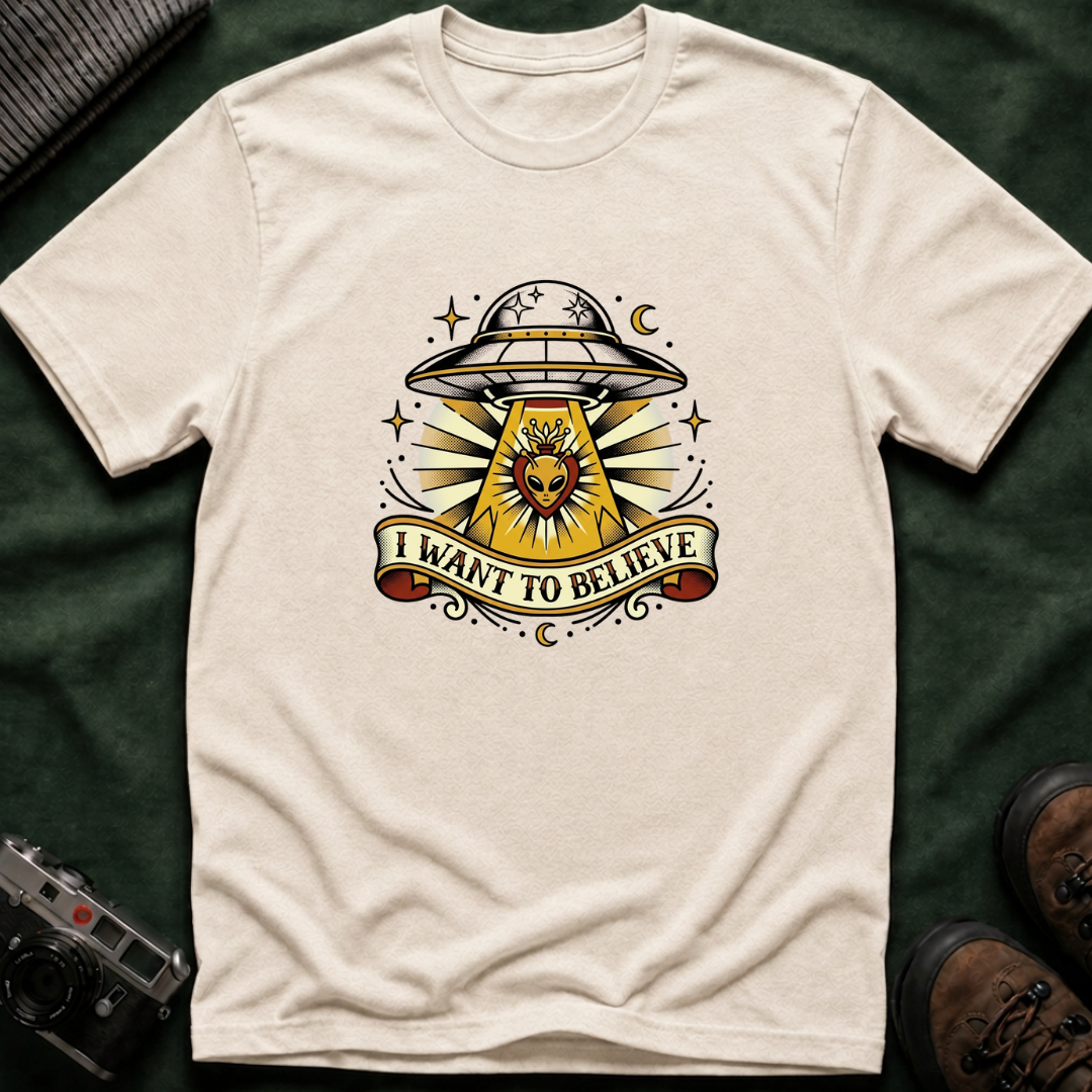 Alien Abduction T-Shirt — "I Want to Believe" Vintage UFO Tee American Traditional Tattoo
