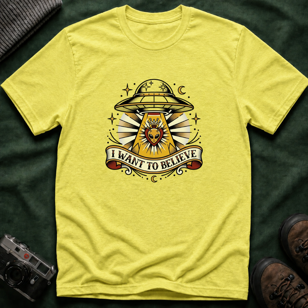 Alien Abduction T-Shirt — "I Want to Believe" Vintage UFO Tee American Traditional Tattoo