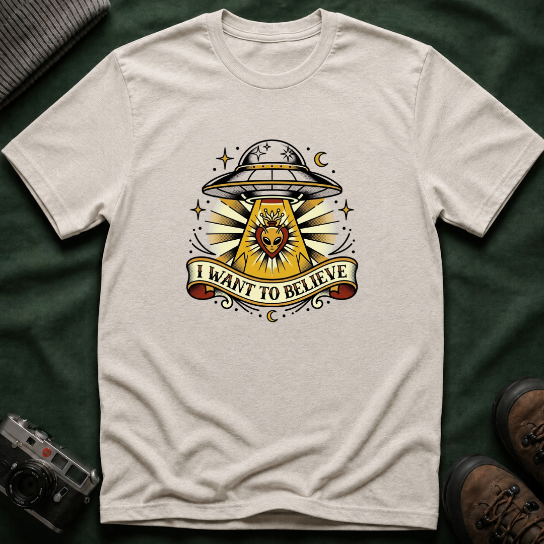 Alien Abduction T-Shirt — "I Want to Believe" Vintage UFO Tee American Traditional Tattoo