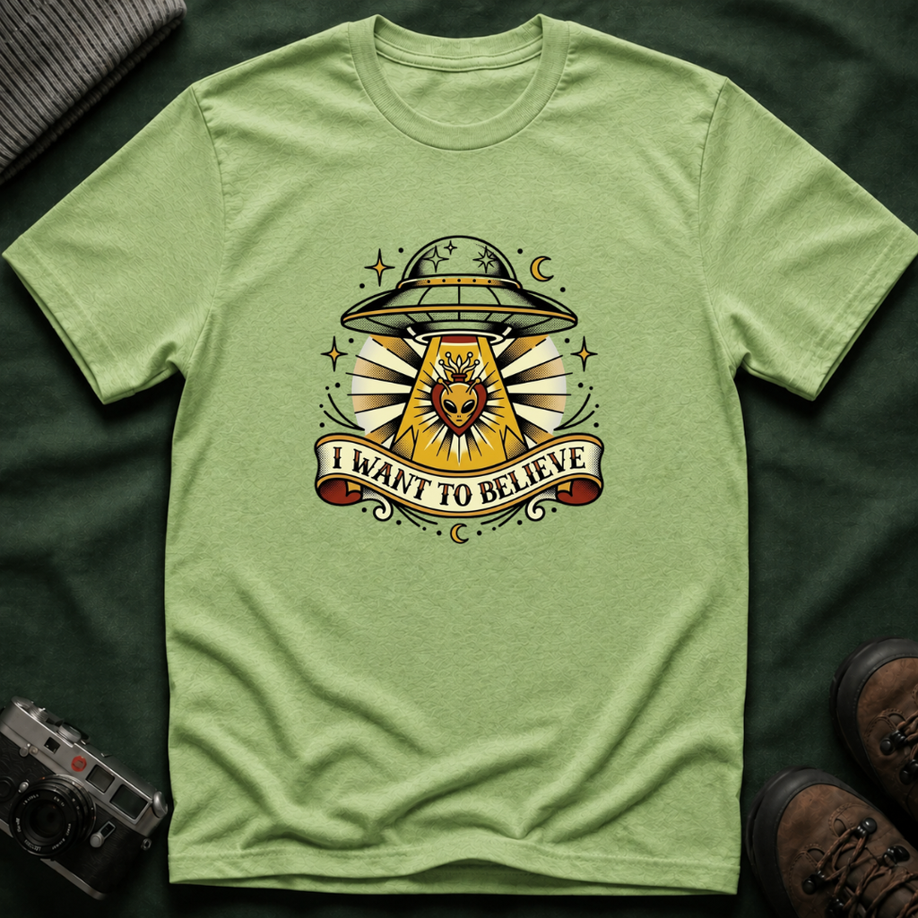 Alien Abduction T-Shirt — "I Want to Believe" Vintage UFO Tee American Traditional Tattoo