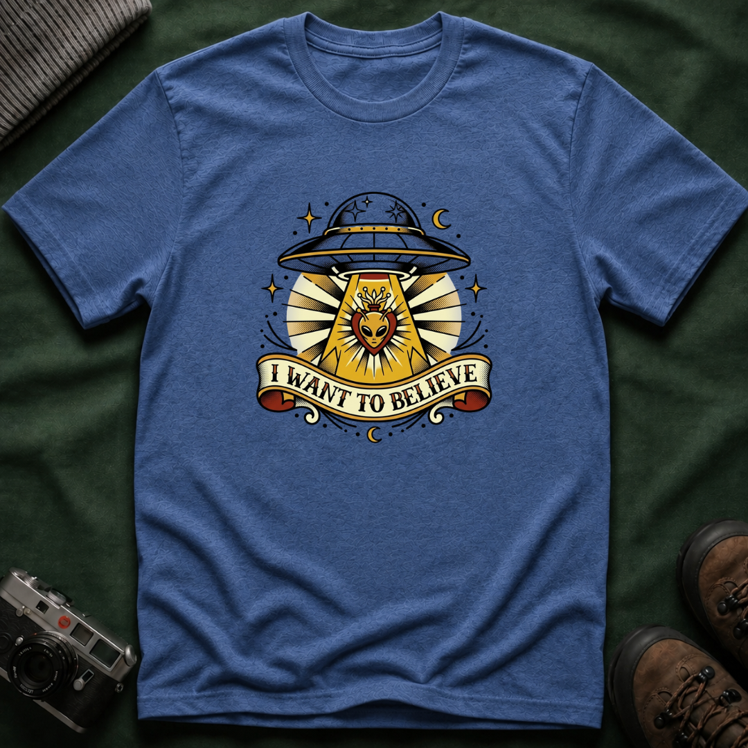 Alien Abduction T-Shirt — "I Want to Believe" Vintage UFO Tee American Traditional Tattoo