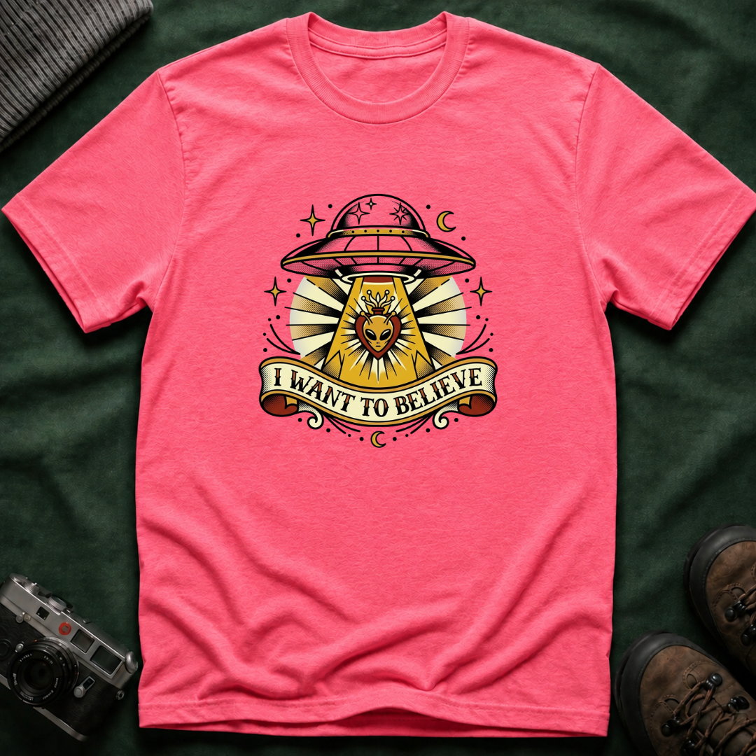Alien Abduction T-Shirt — "I Want to Believe" Vintage UFO Tee American Traditional Tattoo