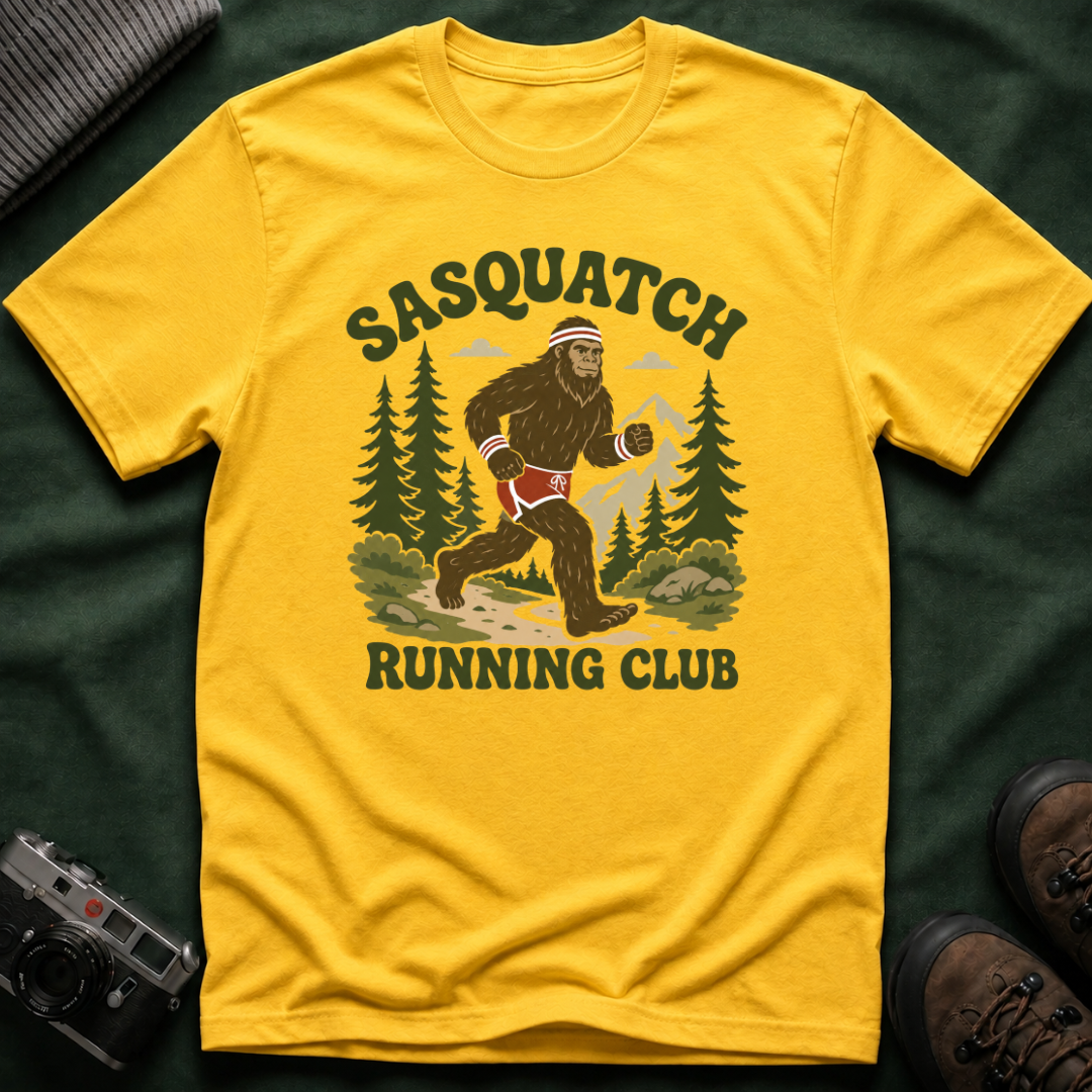 Sasquatch Running Club T-Shirt — Retro 70s Bigfoot Forest Graphic Tee