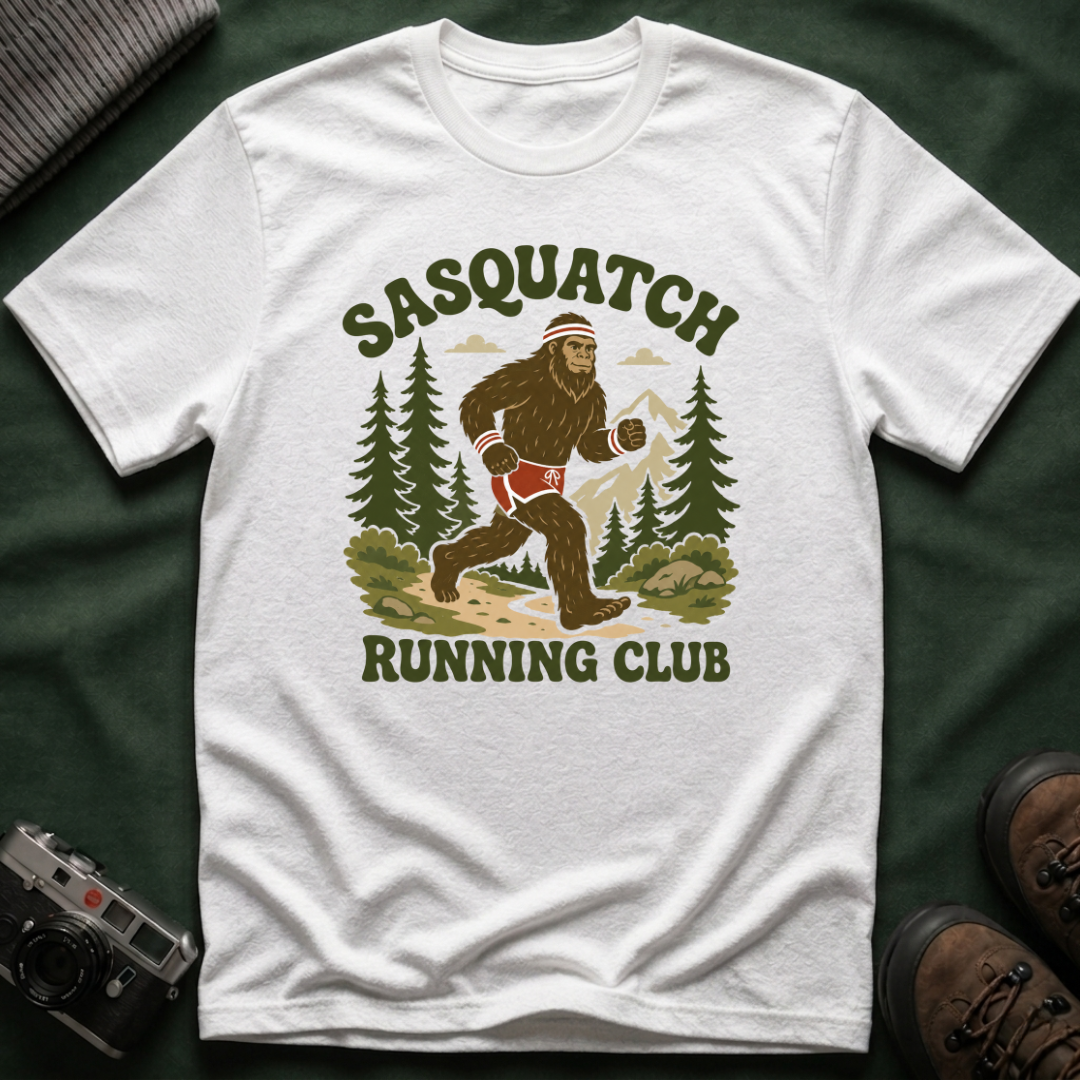 Sasquatch Running Club T-Shirt — Retro 70s Bigfoot Forest Graphic Tee