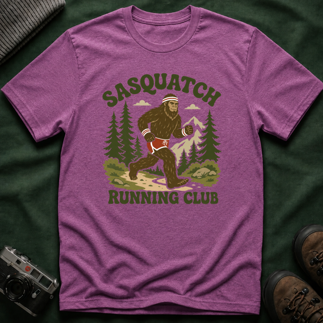 Sasquatch Running Club T-Shirt — Retro 70s Bigfoot Forest Graphic Tee
