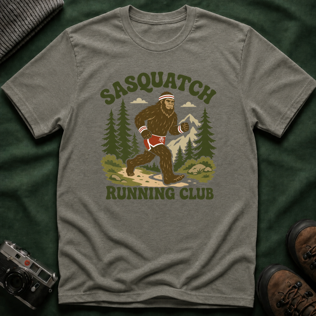 Sasquatch Running Club T-Shirt — Retro 70s Bigfoot Forest Graphic Tee
