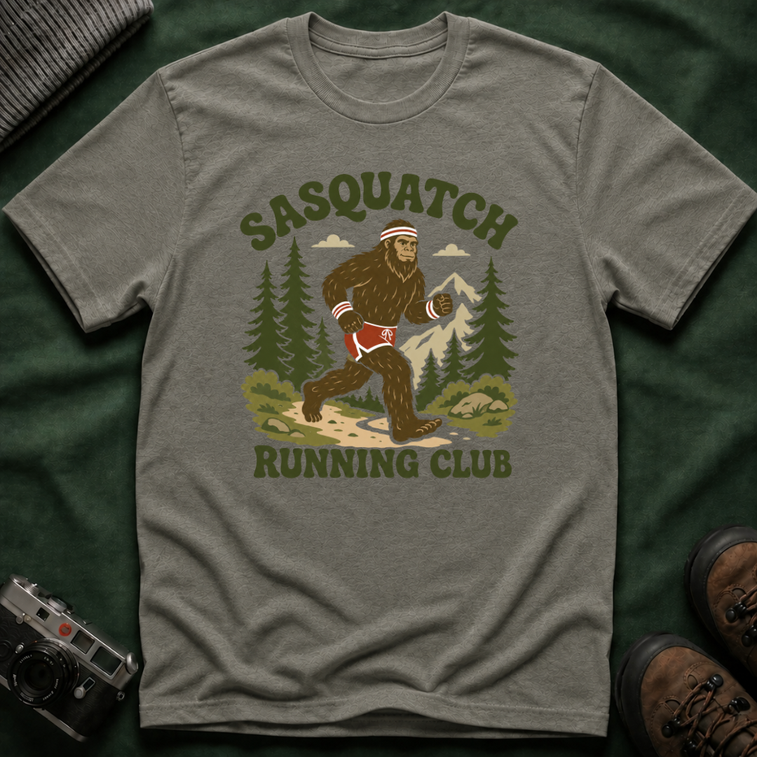 Sasquatch Running Club T-Shirt — Retro 70s Bigfoot Forest Graphic Tee