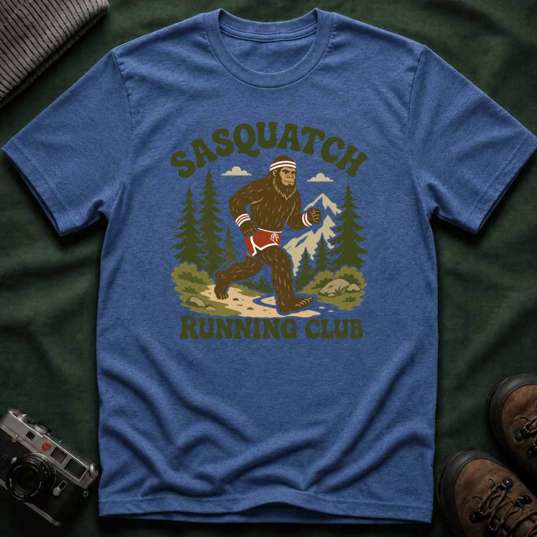 Sasquatch Running Club T-Shirt — Retro 70s Bigfoot Forest Graphic Tee
