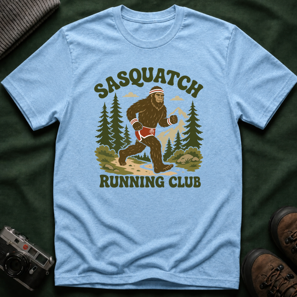 Sasquatch Running Club T-Shirt — Retro 70s Bigfoot Forest Graphic Tee