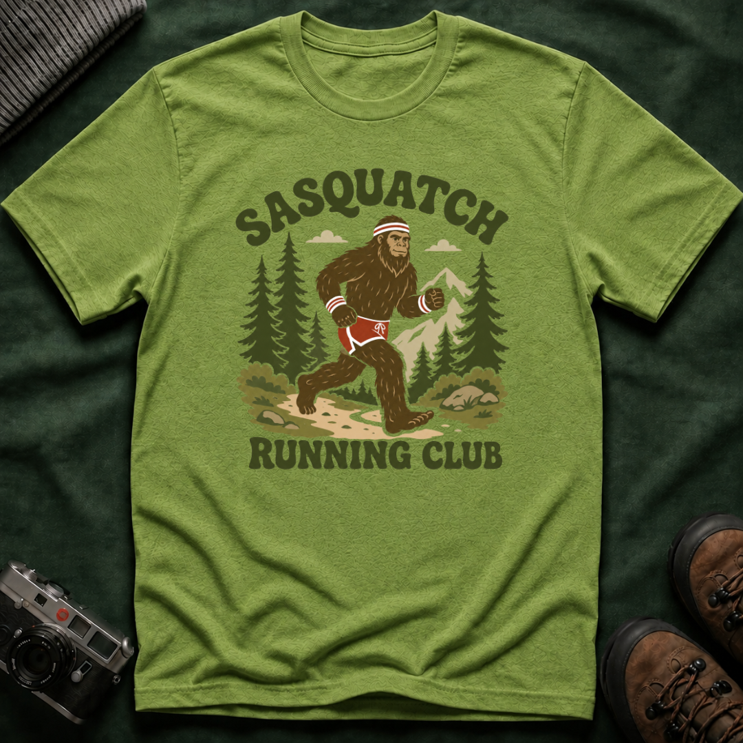 Sasquatch Running Club T-Shirt — Retro 70s Bigfoot Forest Graphic Tee