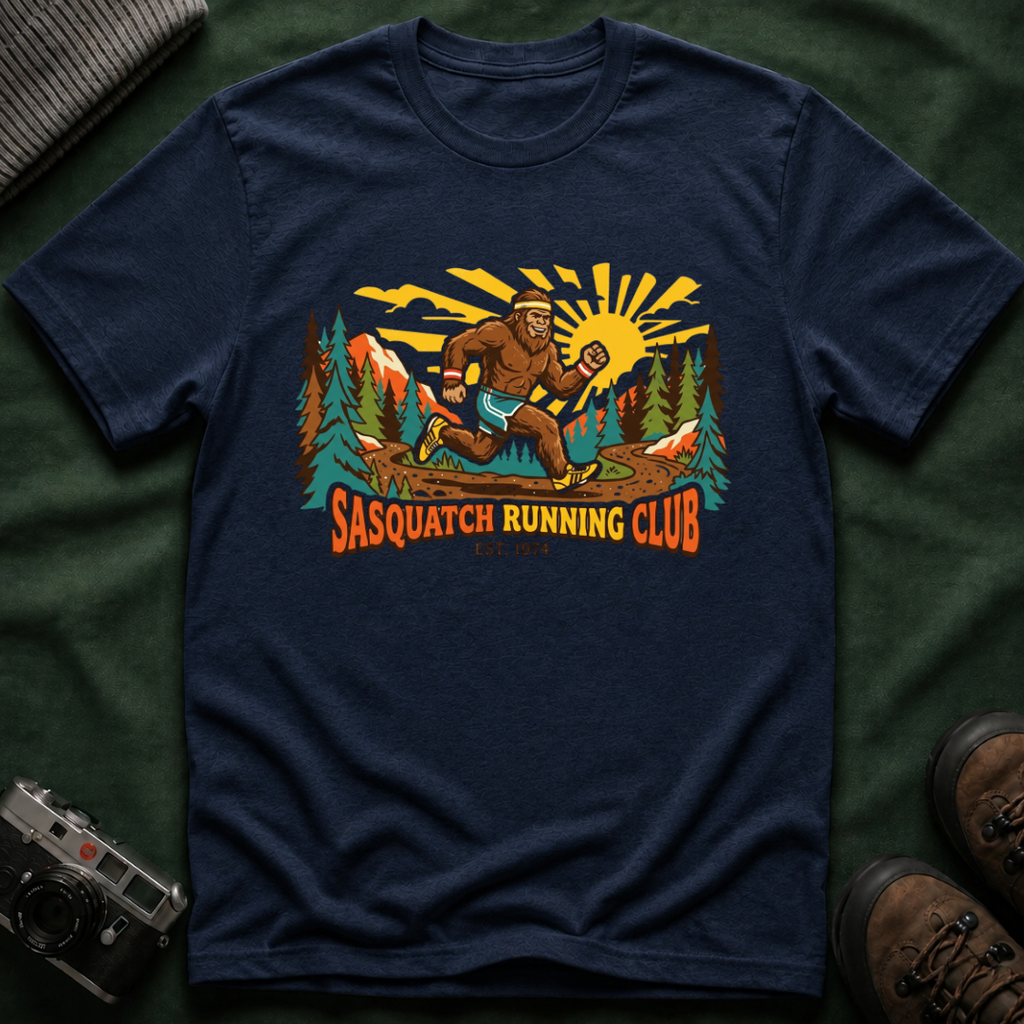 Sasquatch Running Club T-Shirt — Vintage Bigfoot Trail Run Graphic Tee