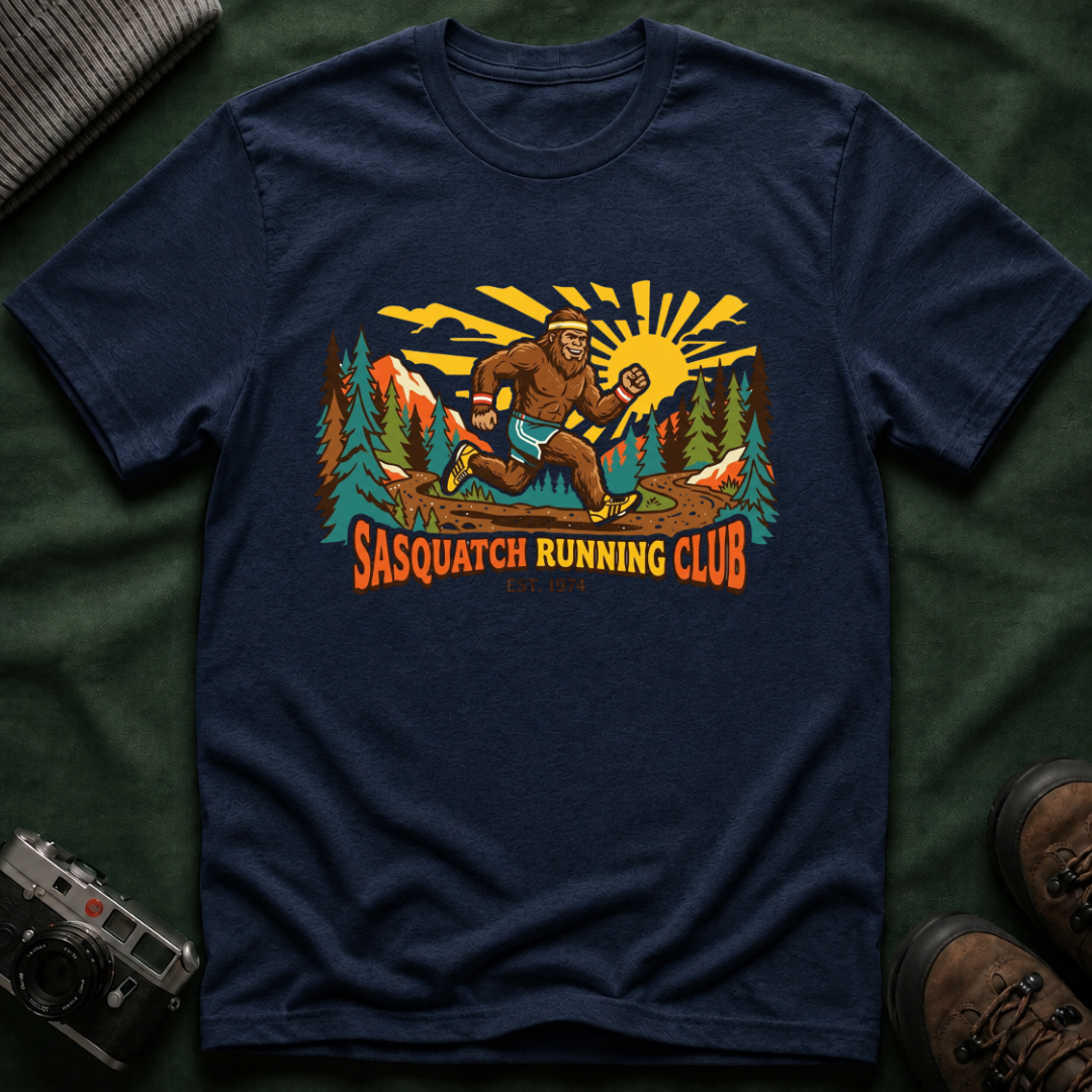 Sasquatch Running Club T-Shirt — Vintage Bigfoot Trail Run Graphic Tee