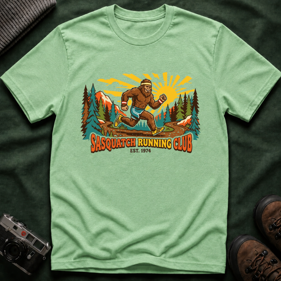 Sasquatch Running Club T-Shirt — Vintage Bigfoot Trail Run Graphic Tee