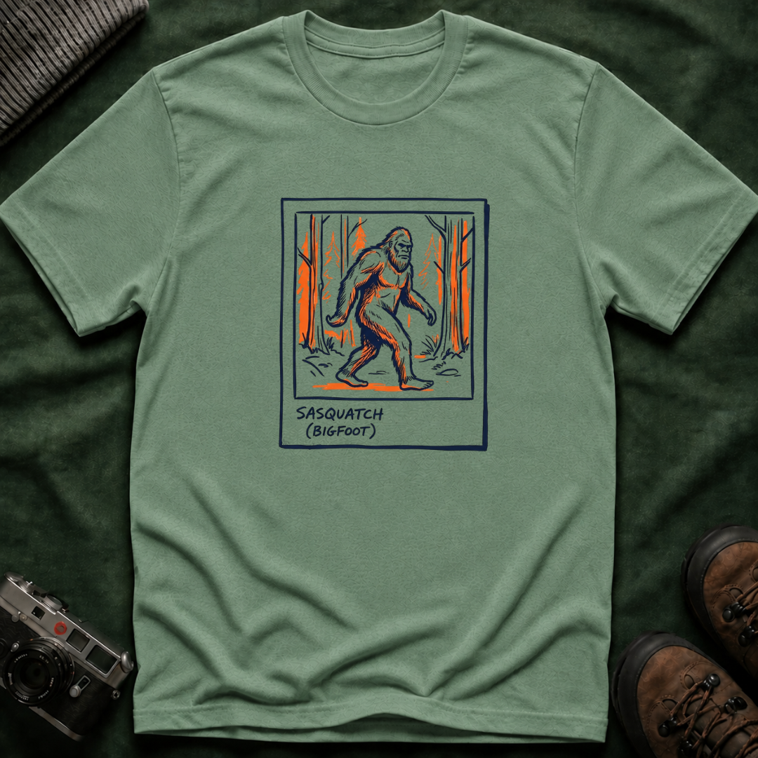 Bigfoot Polaroid T‑Shirt — Sasquatch Retro 70s Forest Graphic Tee