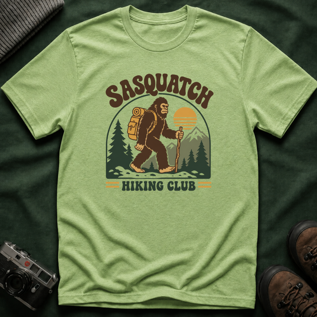 Sasquatch Hiking Club T-Shirt — Retro 70s Bigfoot Outdoor Adventure Tee