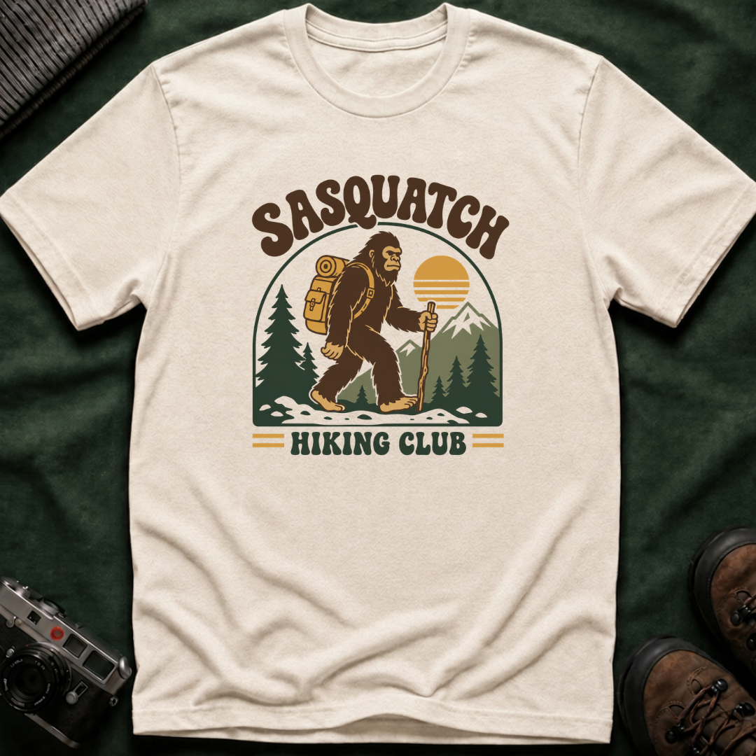 Sasquatch Hiking Club T-Shirt — Retro 70s Bigfoot Outdoor Adventure Tee