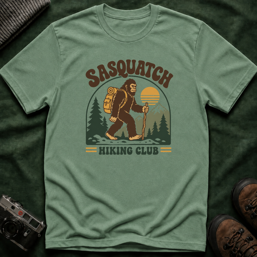 Sasquatch Hiking Club T-Shirt — Retro 70s Bigfoot Outdoor Adventure Tee