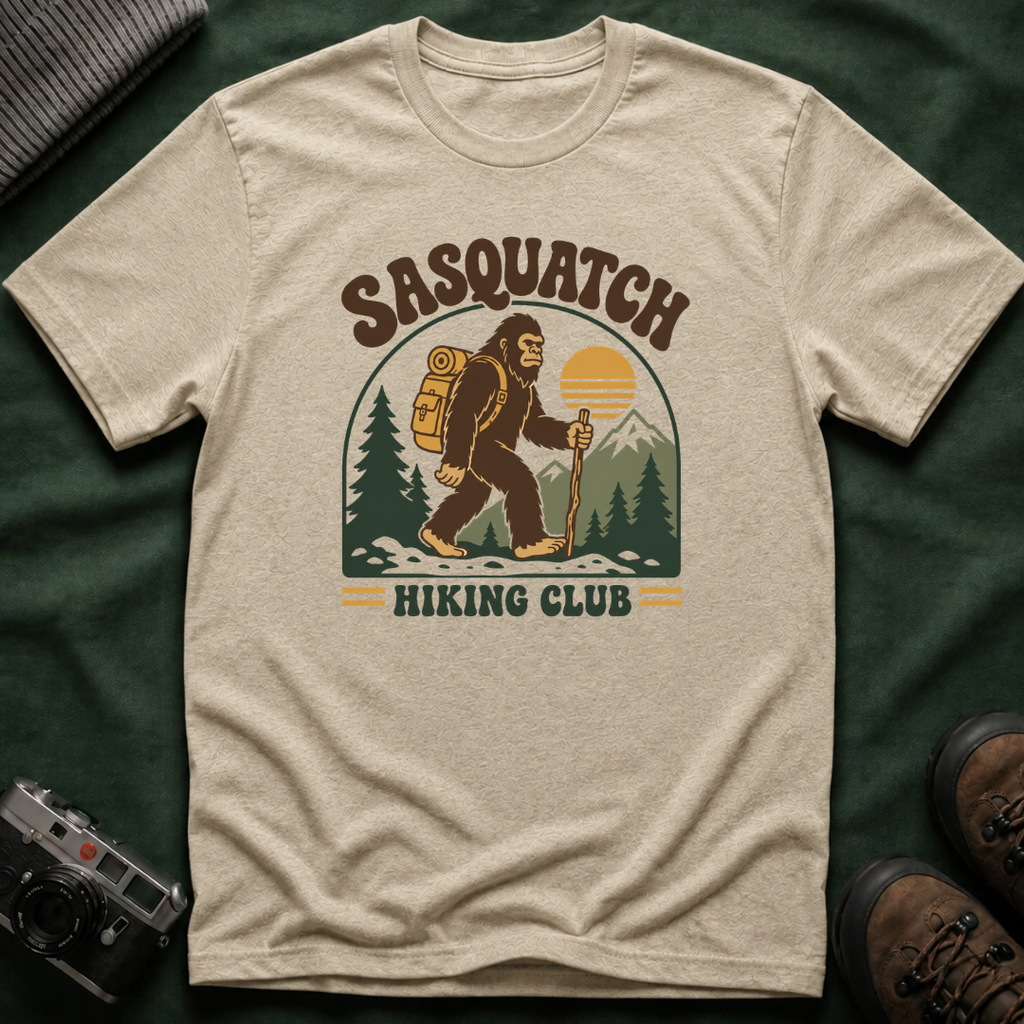 Sasquatch Hiking Club T-Shirt — Retro 70s Bigfoot Outdoor Adventure Tee